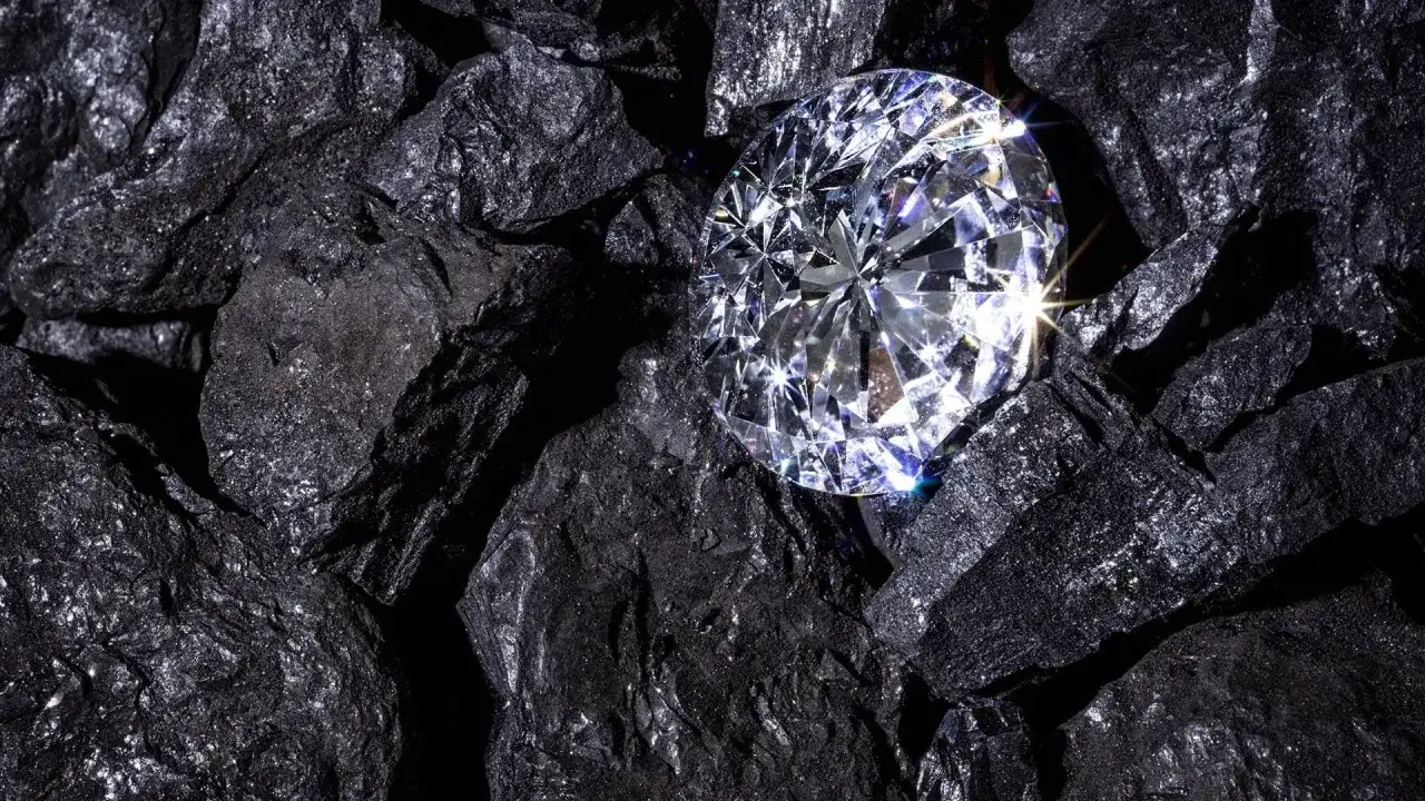A sparkling diamond rests on rough, dark coal, a stark contrast that hints at the dark origins of what is a blood diamond.