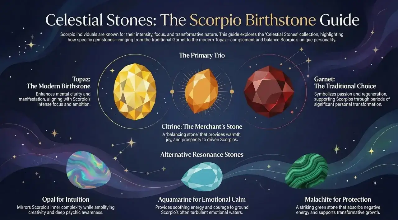 Scorpio birthstone guide featuring Topaz, Citrine, Garnet, Opal, Aquamarine, and Malachite, each with unique properties for Scorpios.