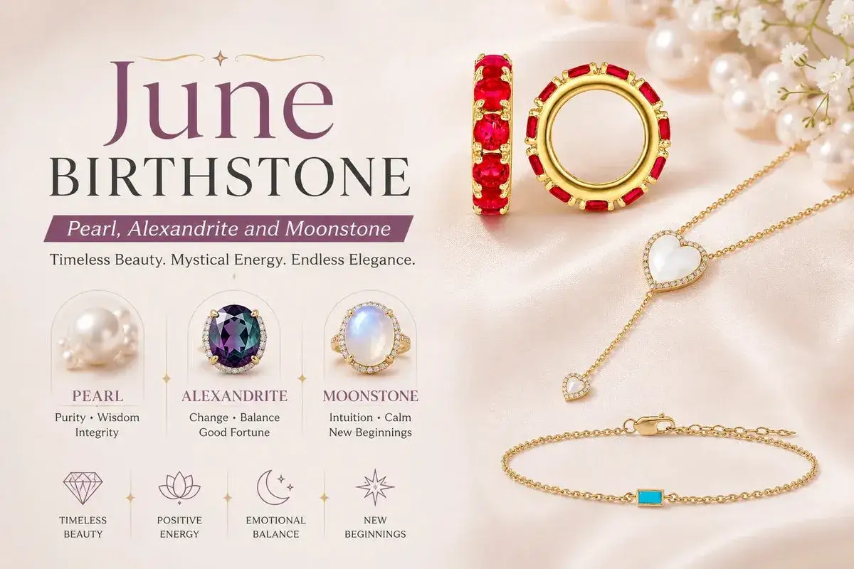 June birthstone jewelry: pearl, alexandrite, and moonstone rings, necklace, and bracelet.