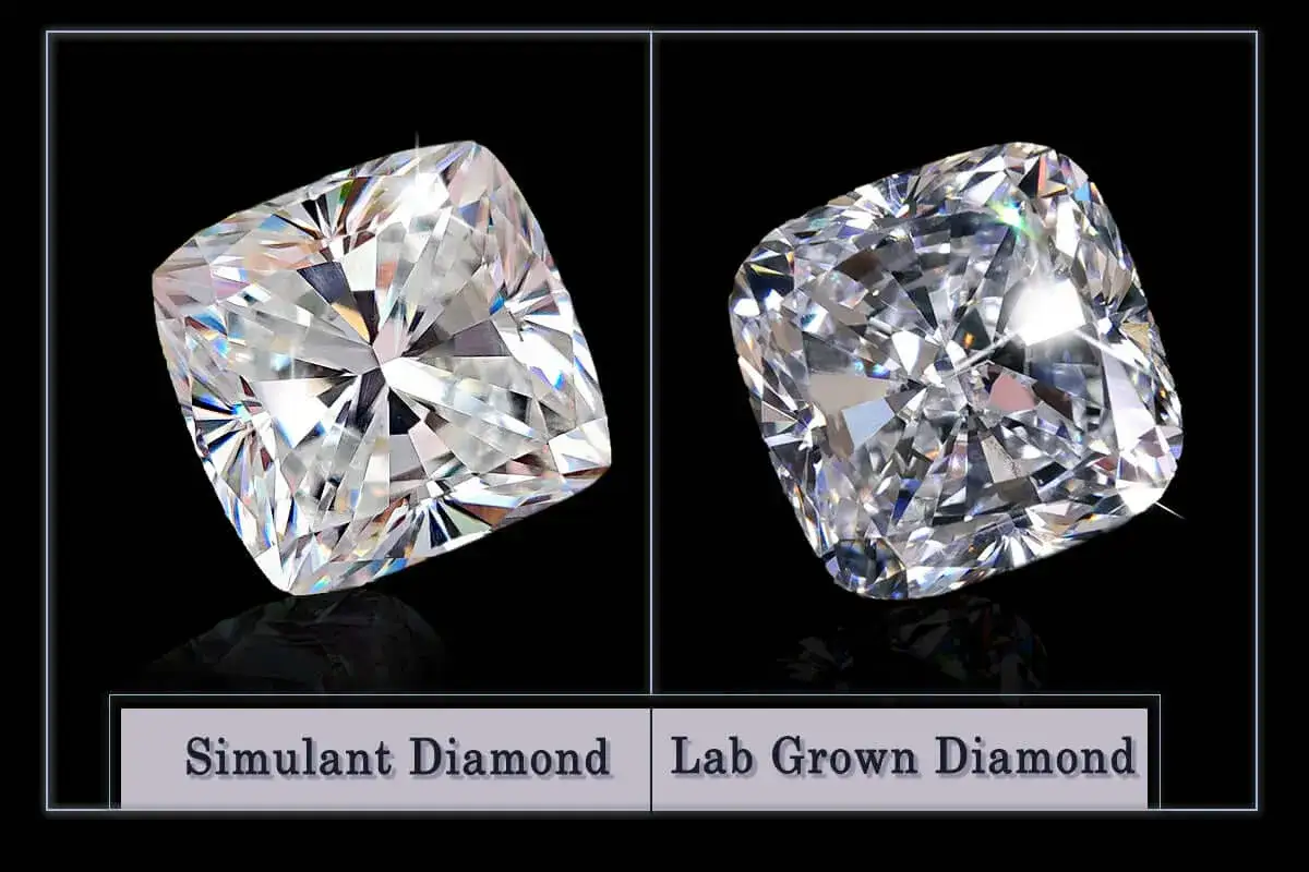 Two cushion-cut diamonds are shown side-by-side. The left is labeled 