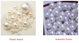 Left: plastic pearls with visible holes. Right: authentic pearls with subtle luster. See how to tell real pearls from fake.